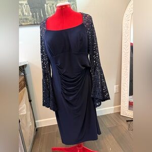 Xscape Navy Blue Midi Dress w/ Large Lace embellished Bell Sleeves Size 14W